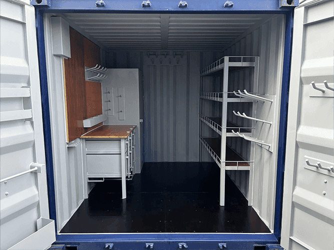 storage and workshop container with rack and cabinet